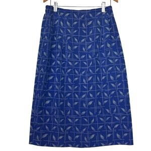 Vtg Carlisle 100% Silk Blue Leaf Print Midi Skirt Size 8 Made in Hong‎ Kong